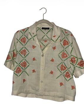 1970s Vintage WB- Thamm Embroidered Tablecloth Shirt: Cropped Floral Top Sz S